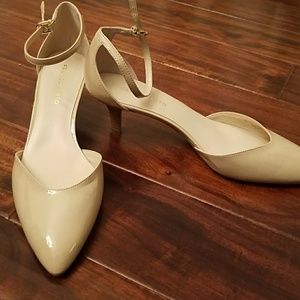 Franco Sarto Beige Patent Ankle Strap Pumps
